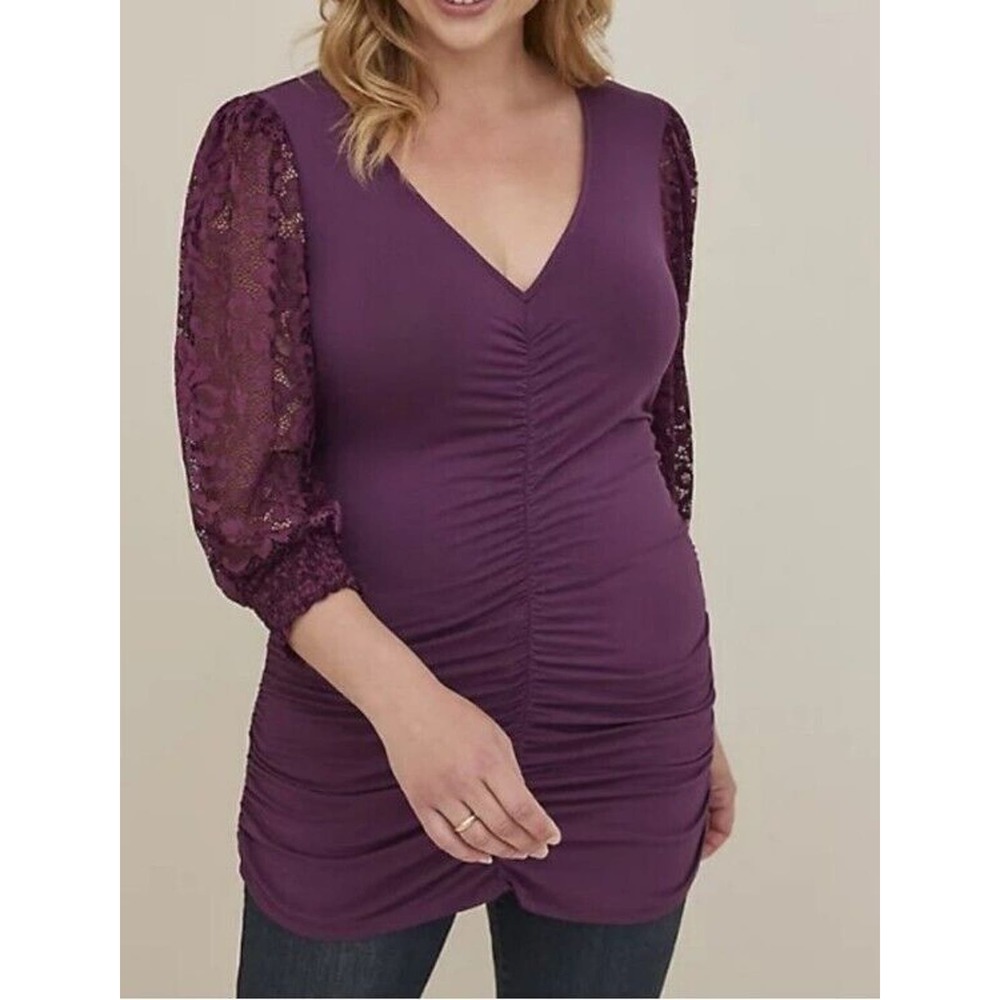Torrid 5X plum‎ SUPER SOFT KNIT Tunic Top Plus Size LACE SLEEVE Ruched NWT Plum